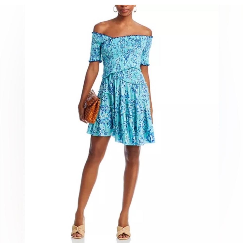 Poupette St. Barth Aqua Blue Floral Off-Shoulder Mini Dress